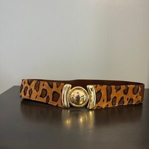 Vintage Leopard Print Suede Cinch Belt Gold Dome Buckle Brown Elastic M/L 9069